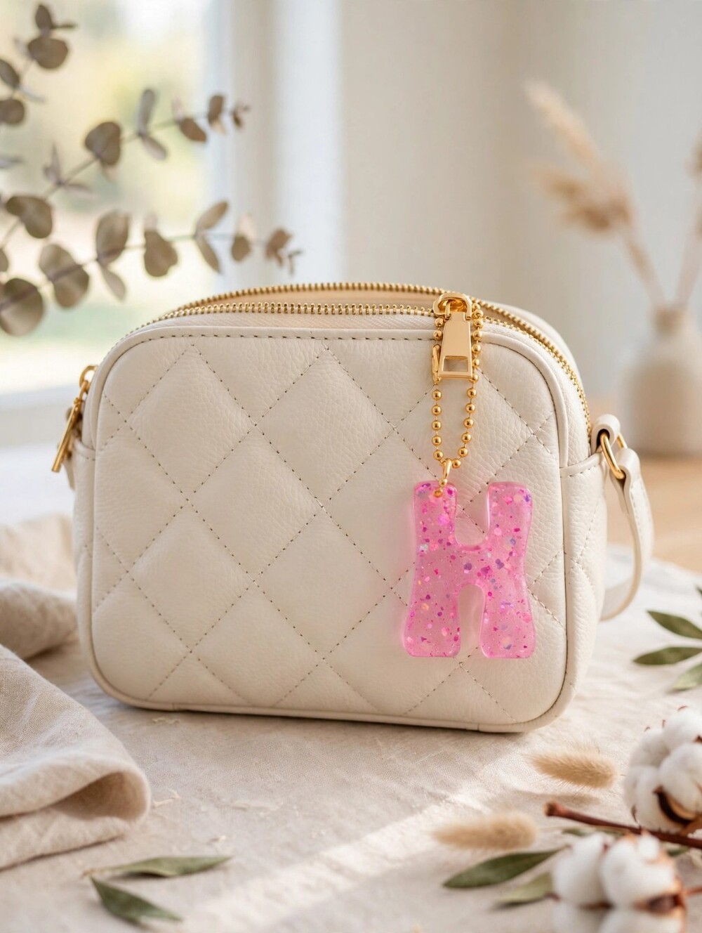 Pink Glitter Letter H Keychain Bag Charm